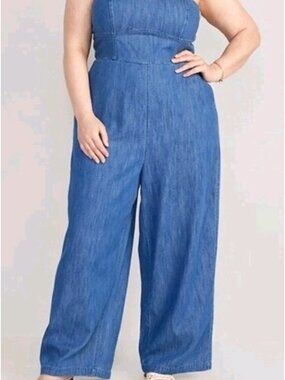 Old Navy Women's Empire Waist Jumpsuit Wide Leg Corset Top Chambray Romper LP
